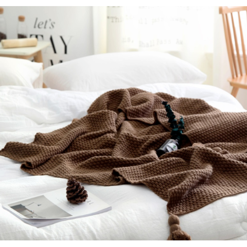 Chunky Knit Throw Blanket Acrylic Yarn | Waffle Weave with Pom-Pom Tassel Trim | Soft Cosy Throw for Sofa or Bed