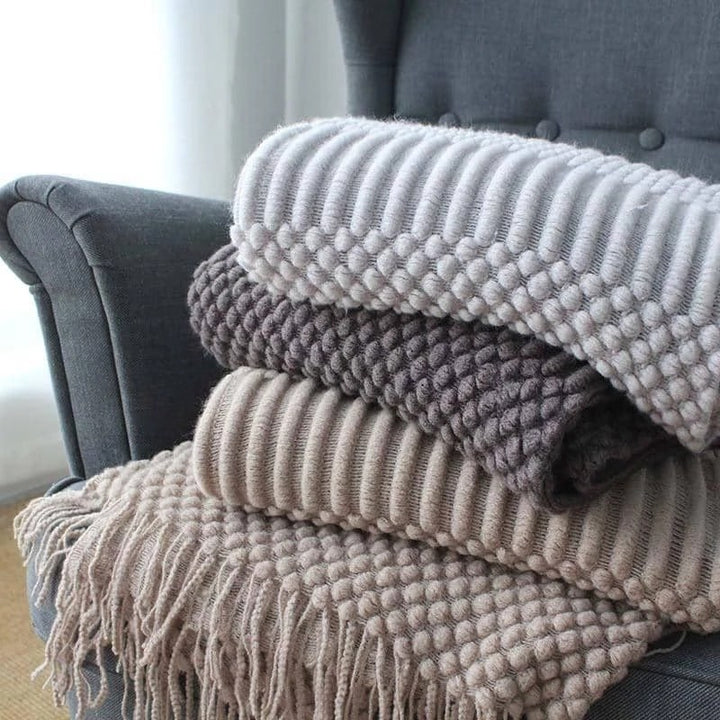 Chunky Knit Throw Blanket Polyester | Textured Popcorn Knit with Fringe Tassel Trim | Soft Cover for Sofa, Bed &amp; Armchair