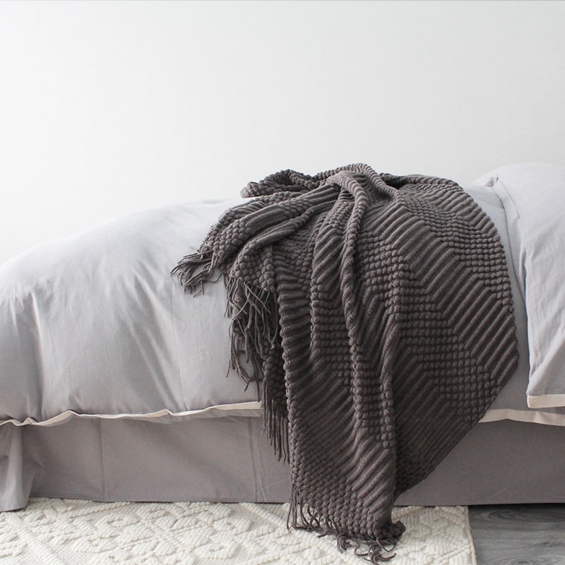 Chunky Knit Throw Blanket Polyester | Textured Popcorn Knit with Fringe Tassel Trim | Soft Cover for Sofa, Bed &amp; Armchair