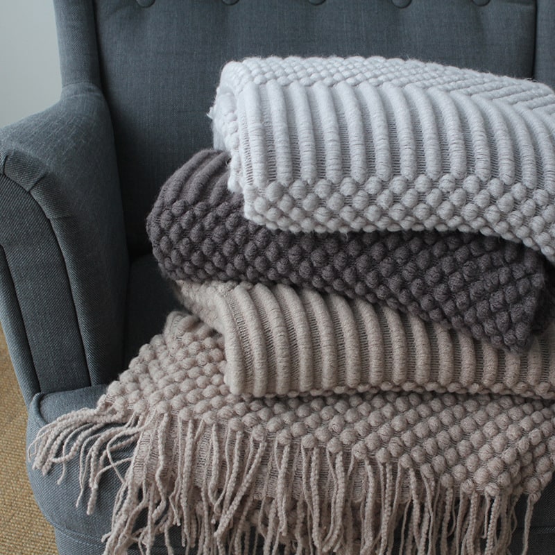Chunky Knit Throw Blanket Polyester | Textured Popcorn Knit with Fringe Tassel Trim | Soft Cover for Sofa, Bed &amp; Armchair