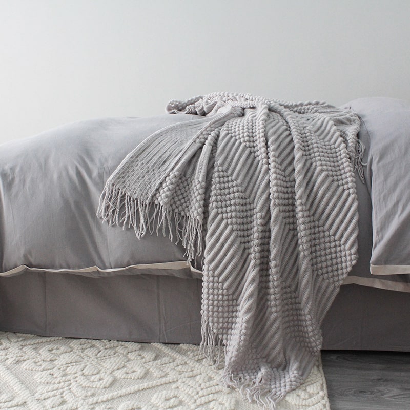 Chunky Knit Throw Blanket Polyester | Textured Popcorn Knit with Fringe Tassel Trim | Soft Cover for Sofa, Bed &amp; Armchair