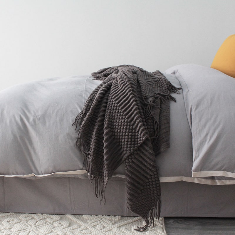 Chunky Knit Throw Blanket Polyester | Textured Popcorn Knit with Fringe Tassel Trim | Soft Cover for Sofa, Bed & Armchair