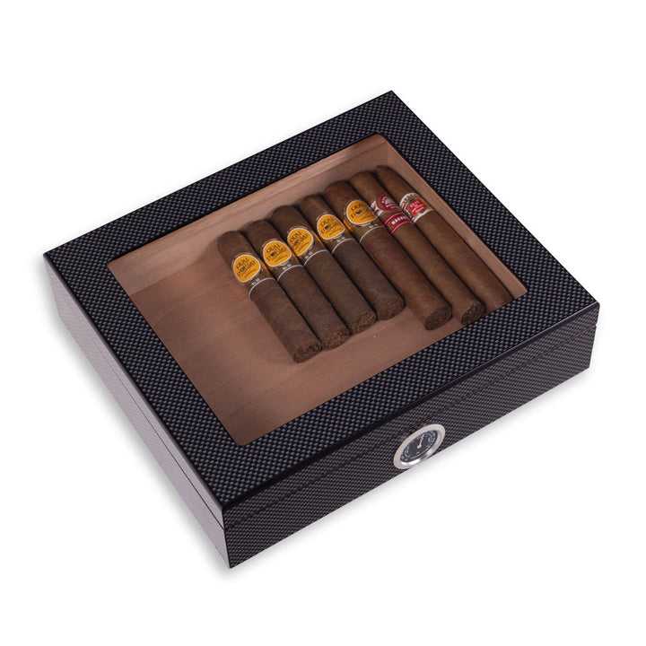 Cigar Humidor | Glass-Top Cedar-Lined Storage Box with Hygrometer
