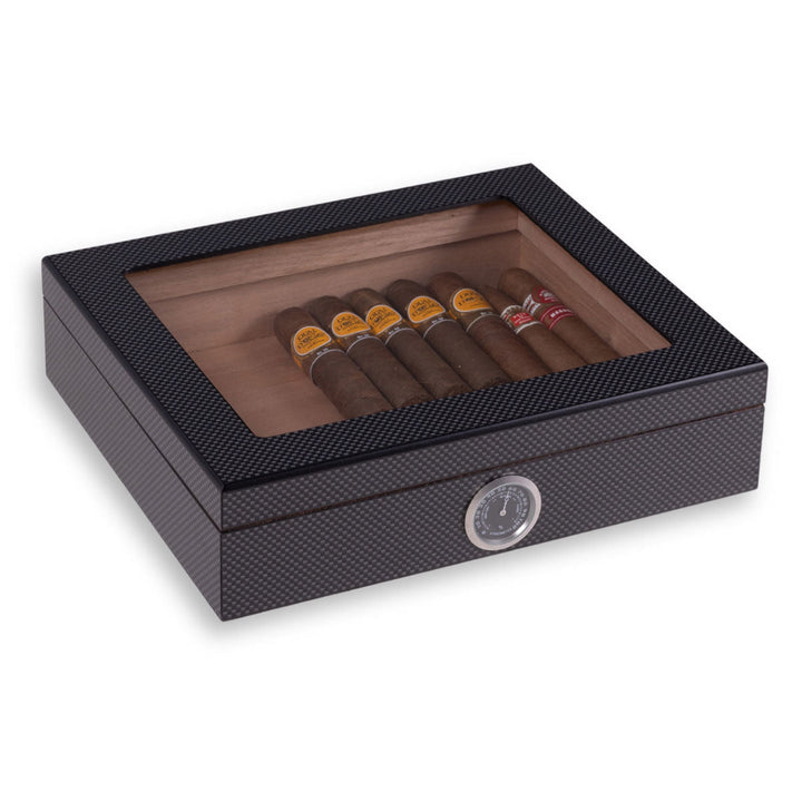 Cigar Humidor | Glass-Top Cedar-Lined Storage Box with Hygrometer