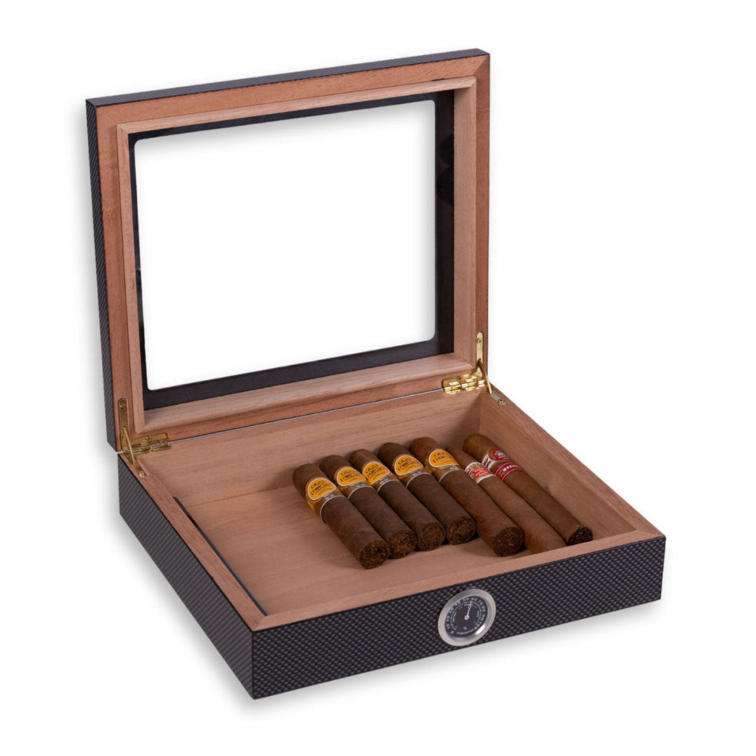 Cigar Humidor | Glass-Top Cedar-Lined Storage Box with Hygrometer