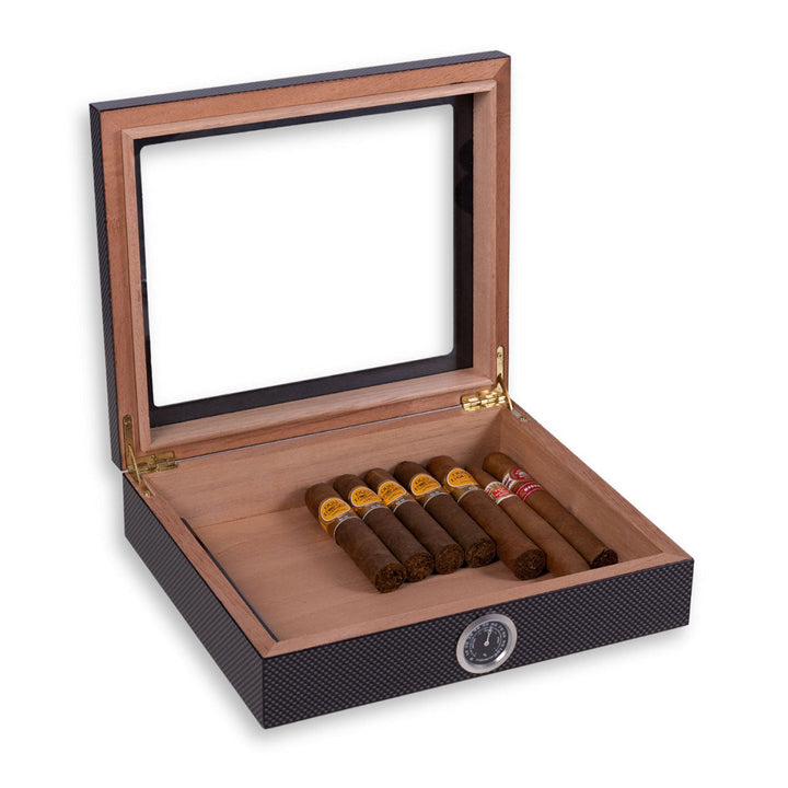 Cigar Humidor | Glass-Top Cedar-Lined Storage Box with Hygrometer