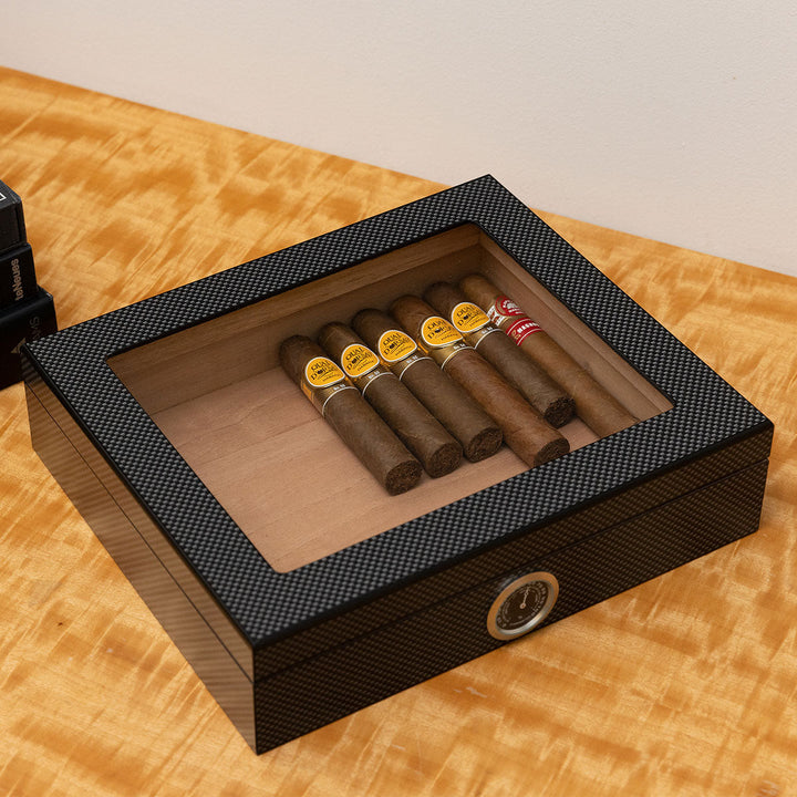 Cigar Storage Case | Clear Lid Panel, Front Hygrometer Dial