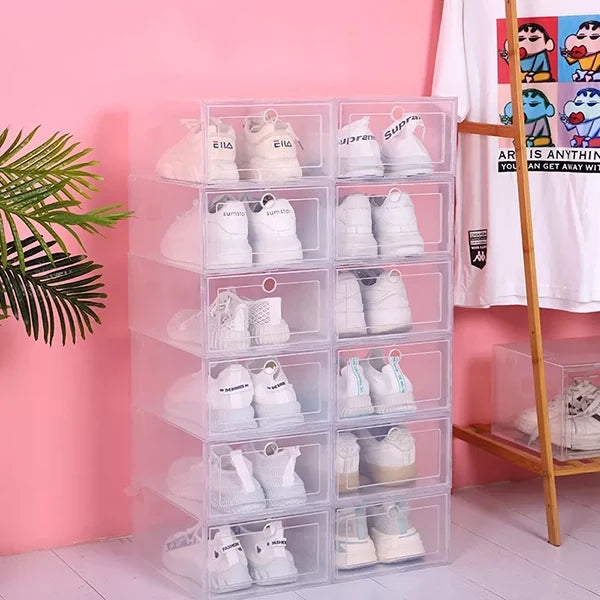 Clear Shoe Box Organiser Stackable Plastic | Set of 6, See-Through Stackable Boxes | Space-Saving Closet Storage