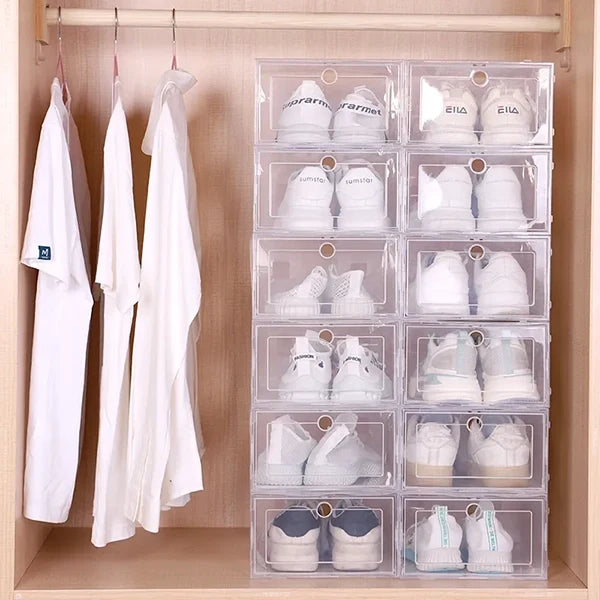 Clear Shoe Box Organiser Stackable Plastic | Set of 6, See-Through Stackable Boxes | Space-Saving Closet Storage