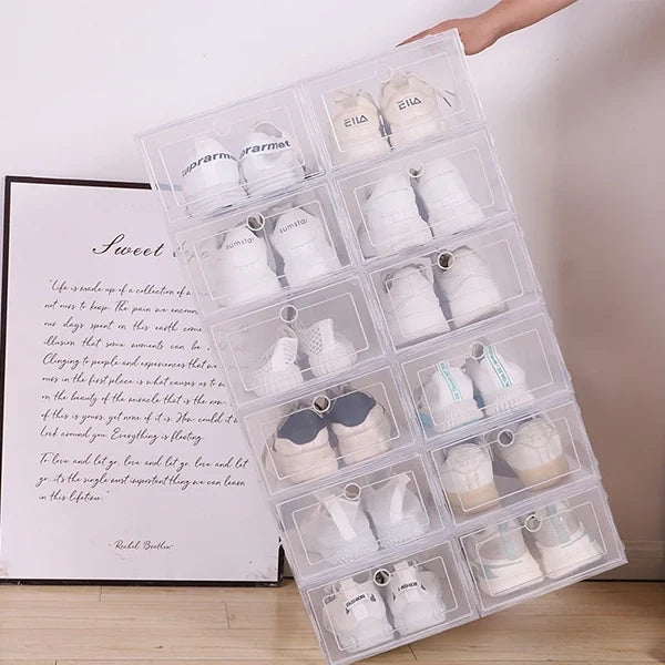 Clear Shoe Box Organiser Stackable Plastic | Set of 6, See-Through Stackable Boxes | Space-Saving Closet Storage