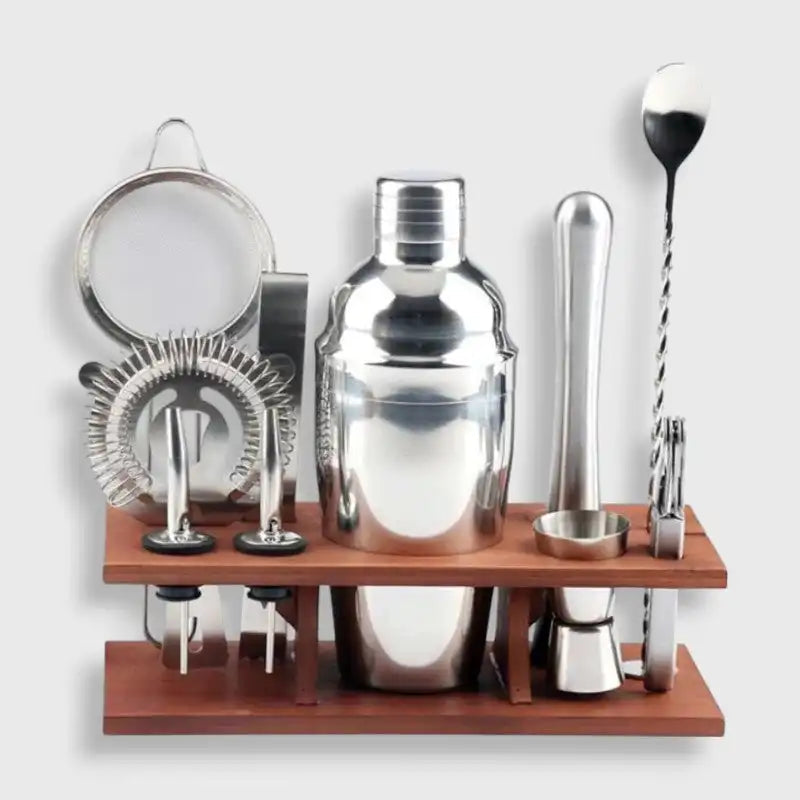 Cocktail set with wooden stand – 10-piece, stainless steel 0