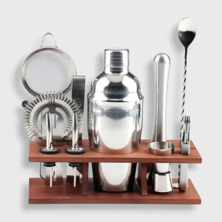 Cocktail set with wooden stand – 10-piece, stainless steel 0
