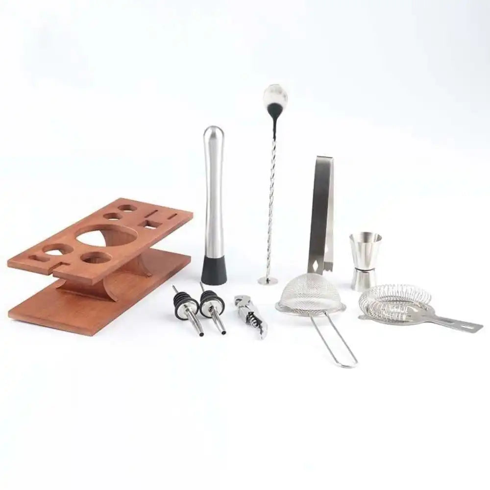 Cocktail set with wooden stand – 10-piece, stainless steel 1