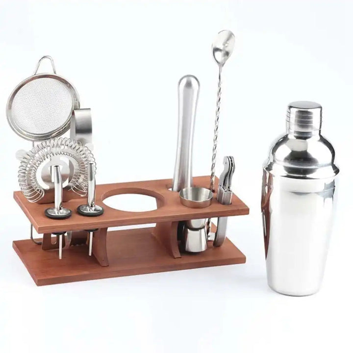 Cocktail set with wooden stand – 10-piece, stainless steel 2