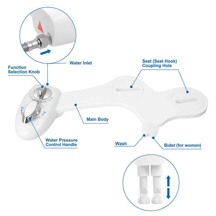 Cold Water Bidet Attachment | Dual Nozzle | Self-Cleaning | Fits Standard Toilets | White