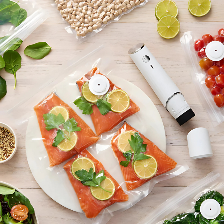 Compact Vacuum Sealer Machine | USB Rechargeable, One-Click Automatic Start | Keeps Food Fresh up to 9x Longer with Reusable Bags