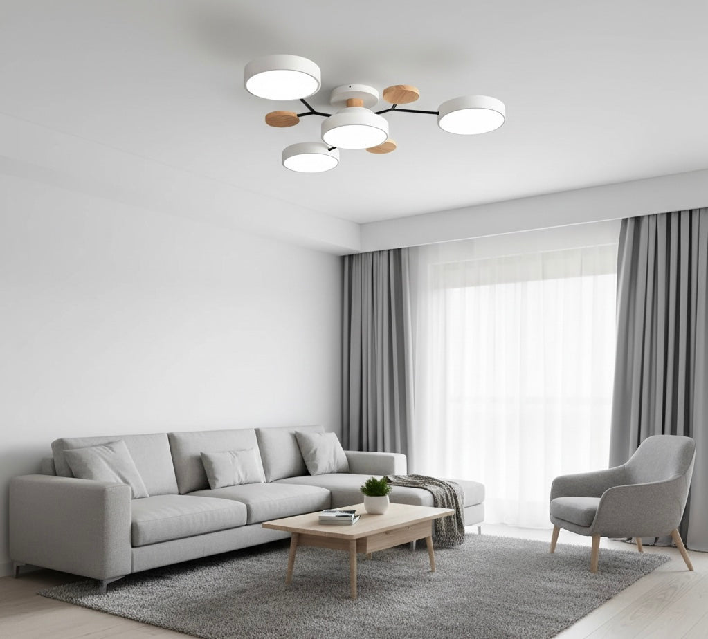 Modern circular LED flush mount ceiling light with iron frame and acrylic diffuser for indoor residential spaces