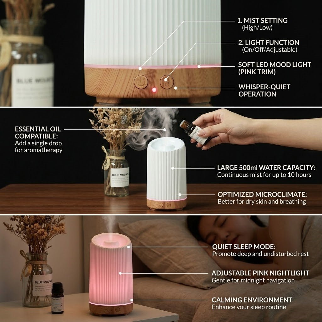 Cool Mist Humidifier &amp; Essential Oil Diffuser | Ultra-Quiet 36dB | 100ml | Remote Control | 8hr+