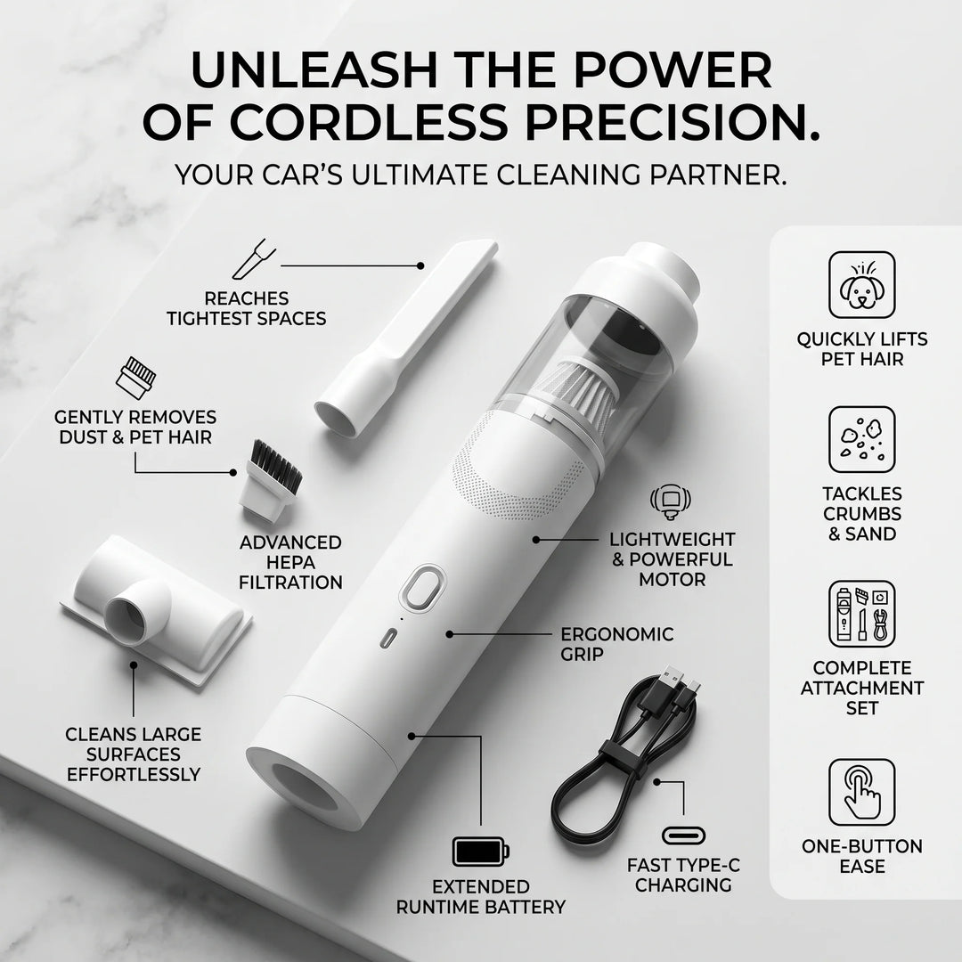 Cordless Car Vacuum | Handheld Body, Angled Crevice Nozzle