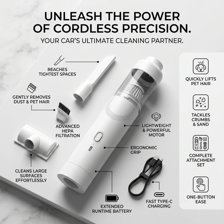 Cordless Car Vacuum | Handheld Body, Angled Crevice Nozzle