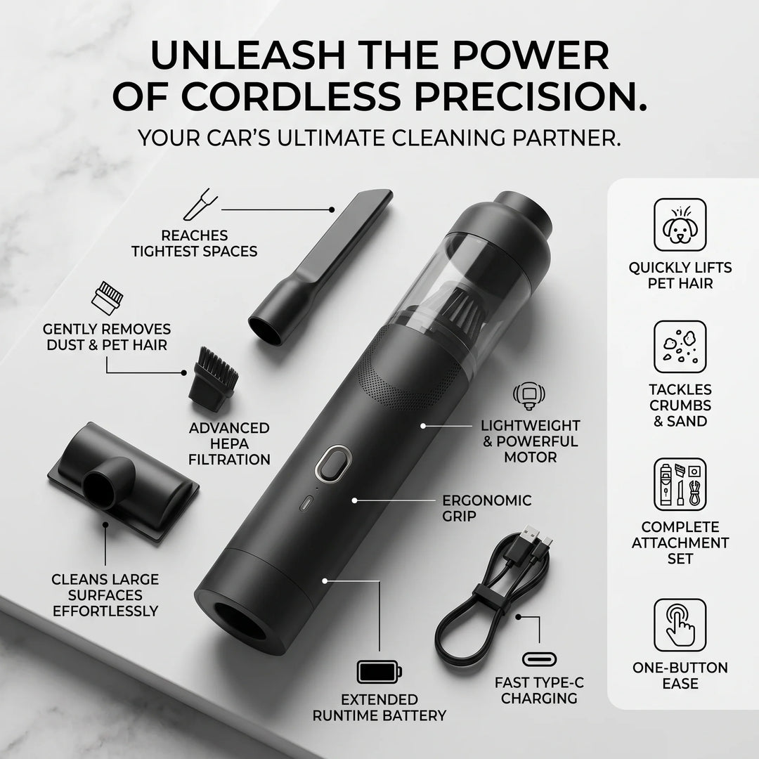 Cordless Car Vacuum | Handheld Body, Angled Crevice Nozzle