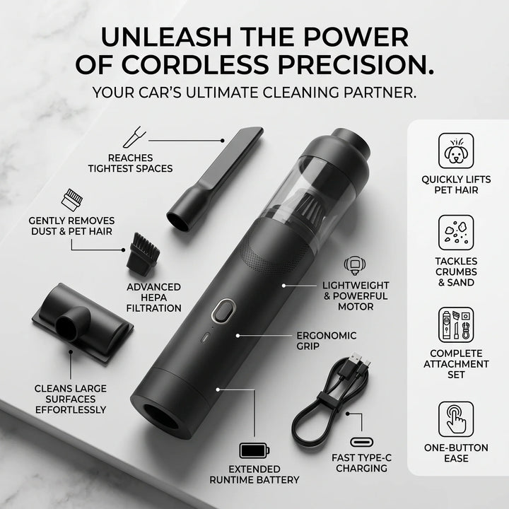 Cordless Car Vacuum | Handheld Body, Angled Crevice Nozzle