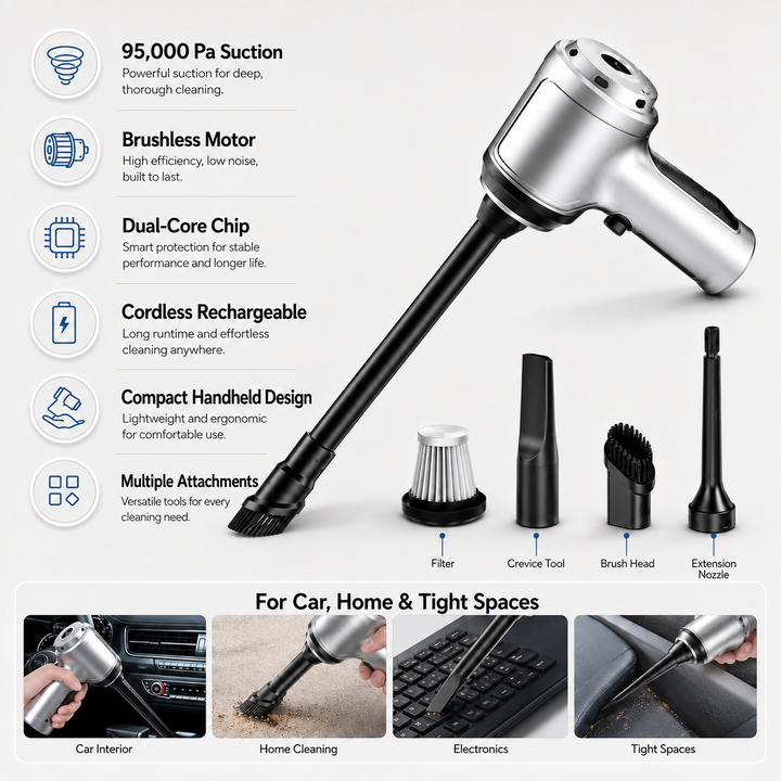 Cordless Handheld Car Vacuum 95000 Pa Brushless Rechargeable