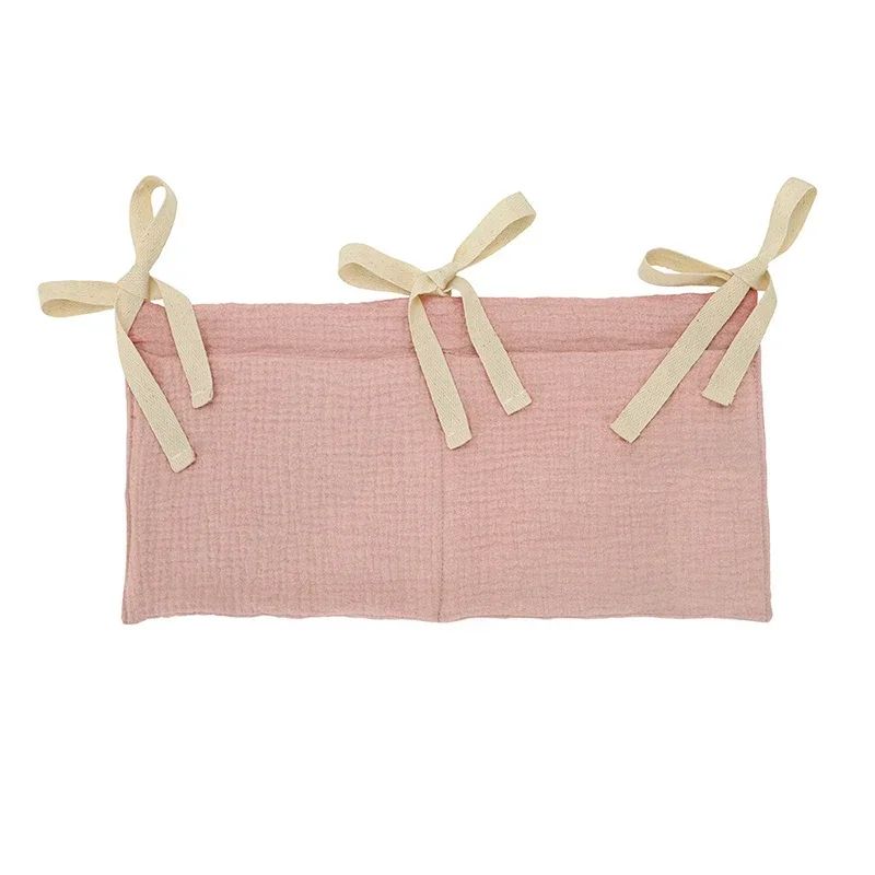 Cotton Crib Storage Organizer | Double Pouch Hanging Design | Tie-On Bedside Storage for Nursery Essentials &amp; Baby Items