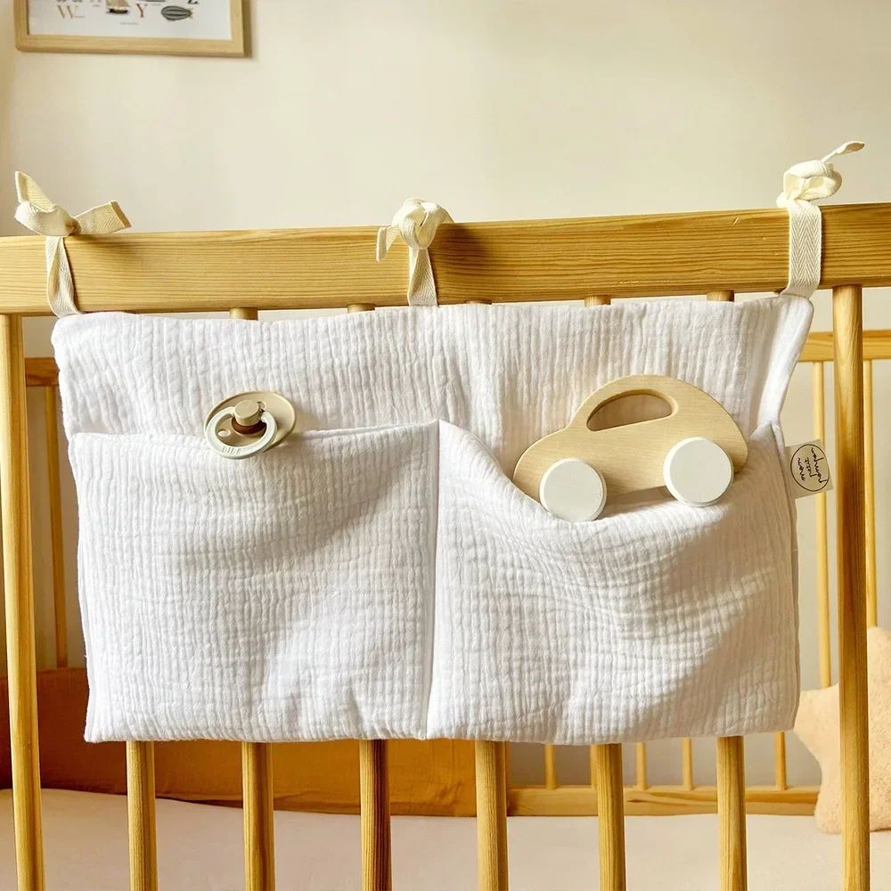 Cotton Crib Storage Organizer | Double Pouch Hanging Design | Tie-On Bedside Storage for Nursery Essentials &amp; Baby Items