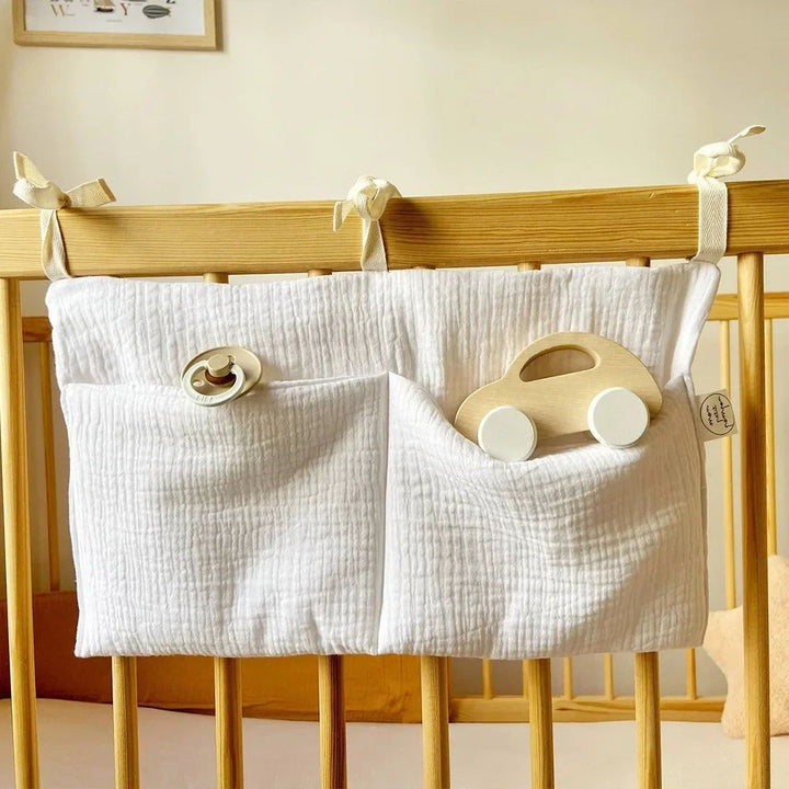 Cotton Crib Storage Organizer | Double Pouch Hanging Design | Tie-On Bedside Storage for Nursery Essentials &amp; Baby Items