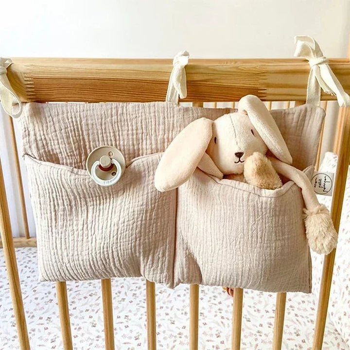 Cotton Crib Storage Organizer | Double Pouch Hanging Design | Tie-On Bedside Storage for Nursery Essentials &amp; Baby Items