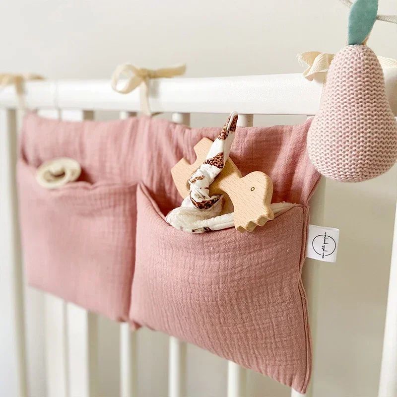 Cotton Crib Storage Organizer | Double Pouch Hanging Design | Tie-On Bedside Storage for Nursery Essentials &amp; Baby Items