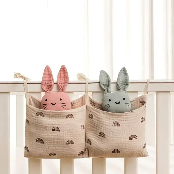 Cotton Crib Storage Organizer | Double Pouch Hanging Design | Tie-On Bedside Storage for Nursery Essentials &amp; Baby Items