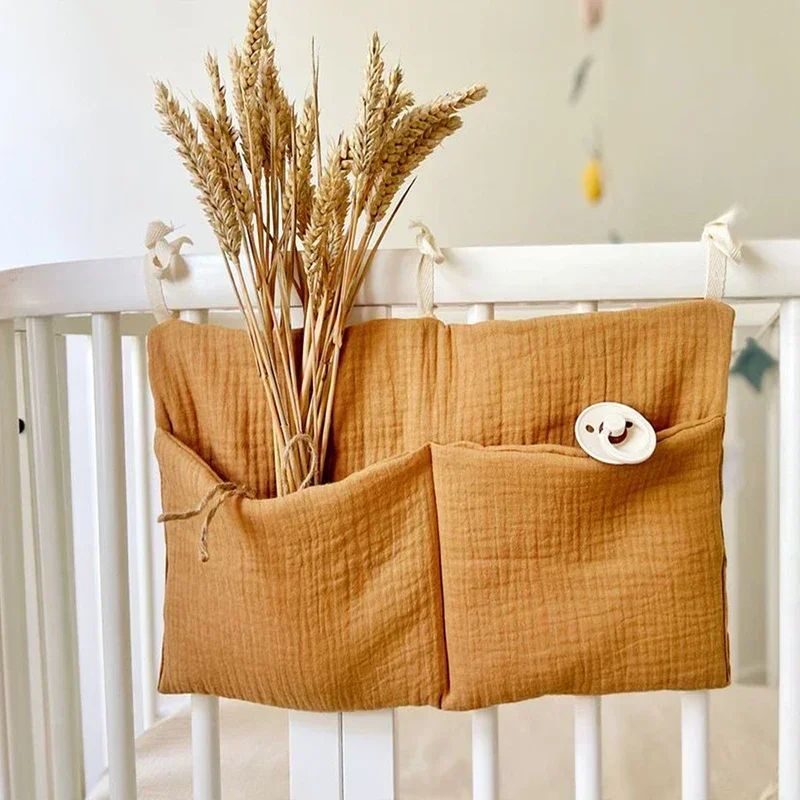 Cotton Crib Storage Organizer | Double Pouch Hanging Design | Tie-On Bedside Storage for Nursery Essentials &amp; Baby Items