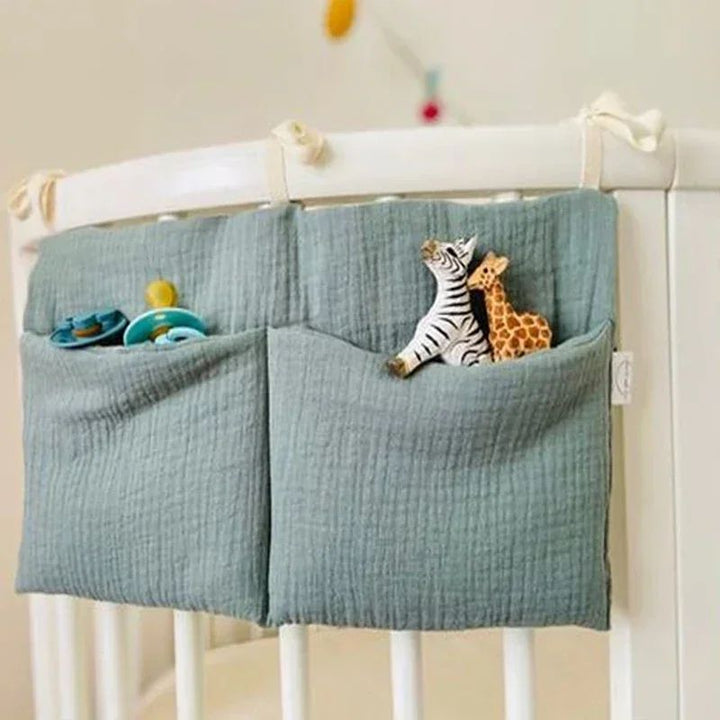 Cotton Crib Storage Organizer | Double Pouch Hanging Design | Tie-On Bedside Storage for Nursery Essentials &amp; Baby Items