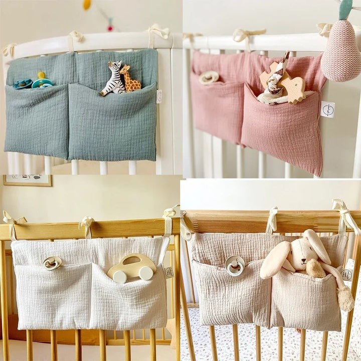 Cotton Crib Storage Organizer | Double Pouch Hanging Design | Tie-On Bedside Storage for Nursery Essentials &amp; Baby Items
