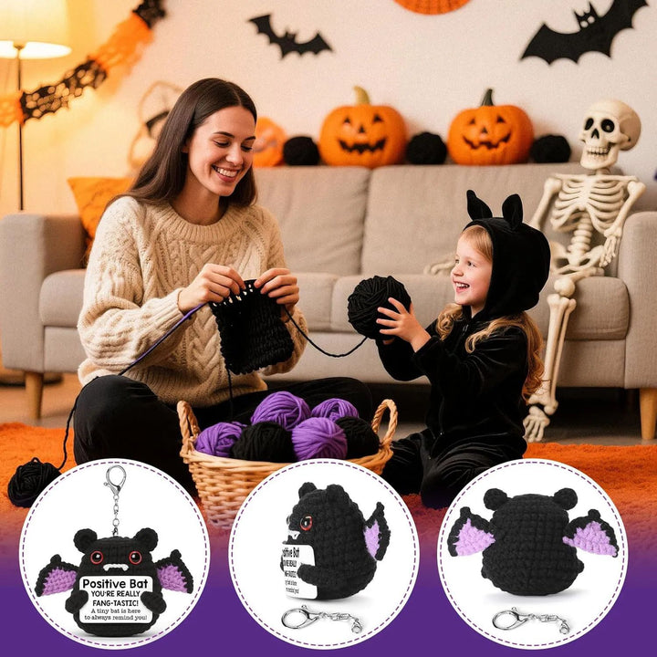 Crochet Bat Doll Halloween Decor | Includes Encouragement Card | Knitted Design for Desk, Shelf or Seasonal Display