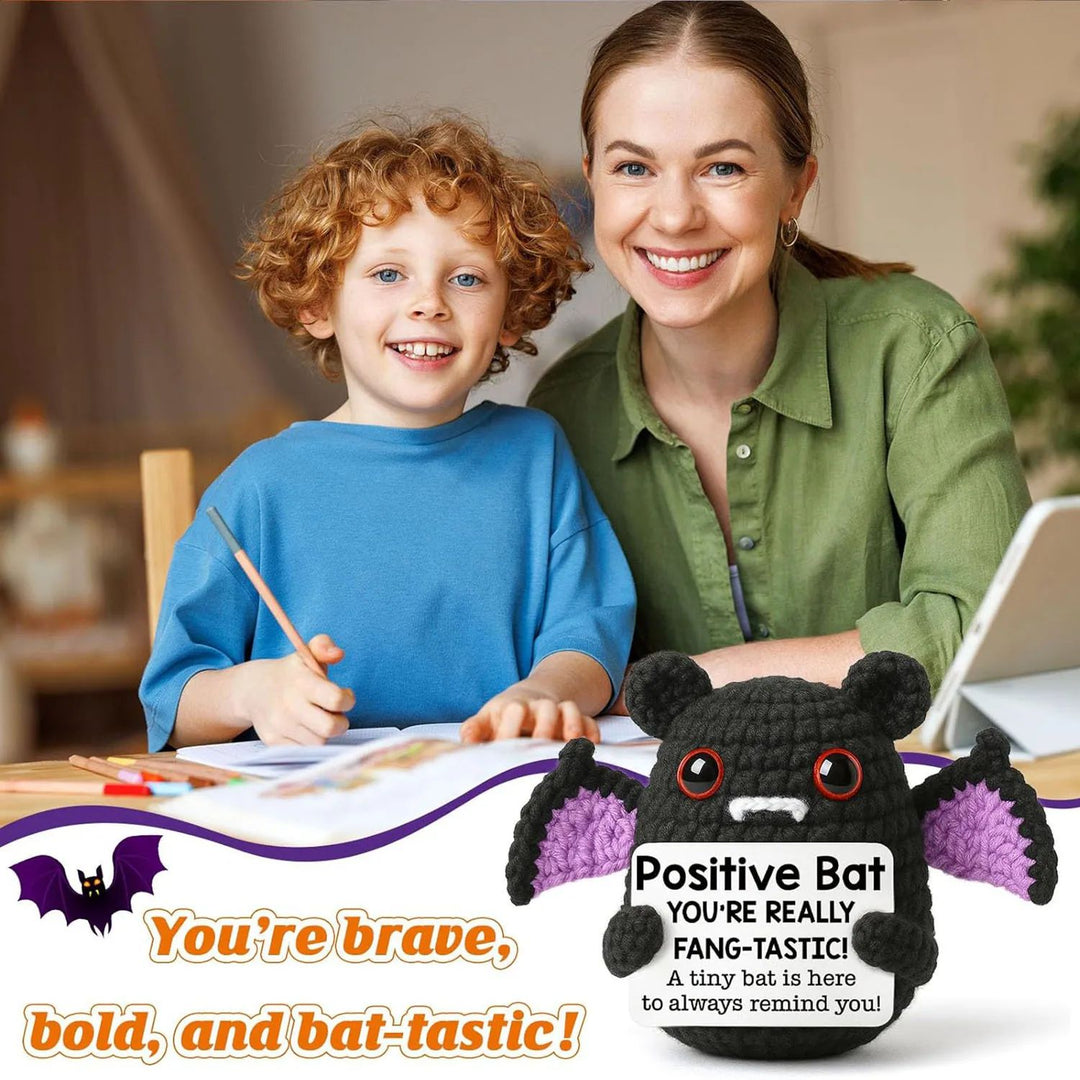 Crochet Bat Doll Halloween Decor | Includes Encouragement Card | Knitted Design for Desk, Shelf or Seasonal Display