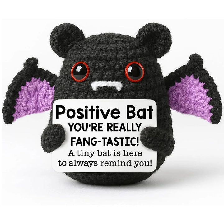 Crochet Bat Doll Halloween Decor | Includes Encouragement Card | Knitted Design for Desk, Shelf or Seasonal Display