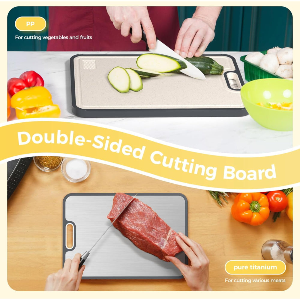 Double Sided Cutting Board Metal and Plastic Surface | Juice Groove Edge, Hanging Hole | Separates Meat and Produce Prep 8