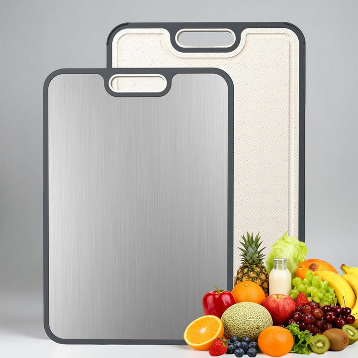 Double Sided Cutting Board Metal and Plastic Surface | Juice Groove Edge, Hanging Hole | Separates Meat and Produce Prep 1