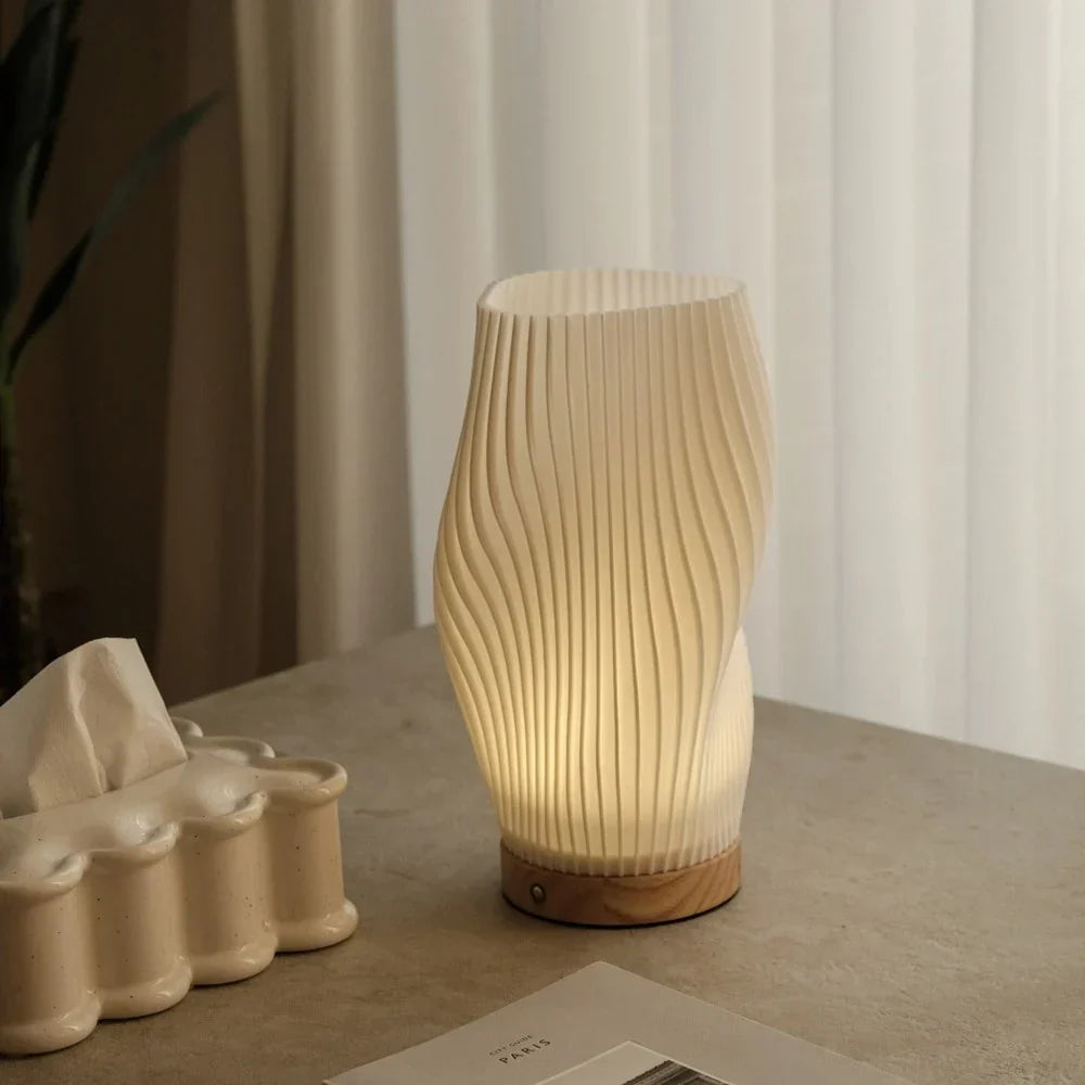 Wave Shade Table Lamp Metal &amp; Wood Base 20.5–30 cm | 3-Step Dimmable, USB-Powered | Warm &amp; Natural White Light 10