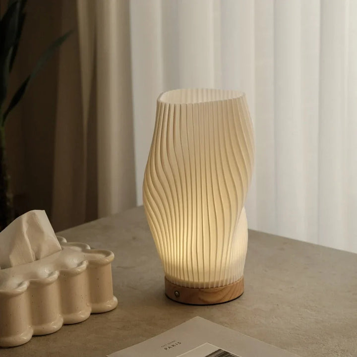Wave Shade Table Lamp Metal &amp; Wood Base 20.5–30 cm | 3-Step Dimmable, USB-Powered | Warm &amp; Natural White Light 10