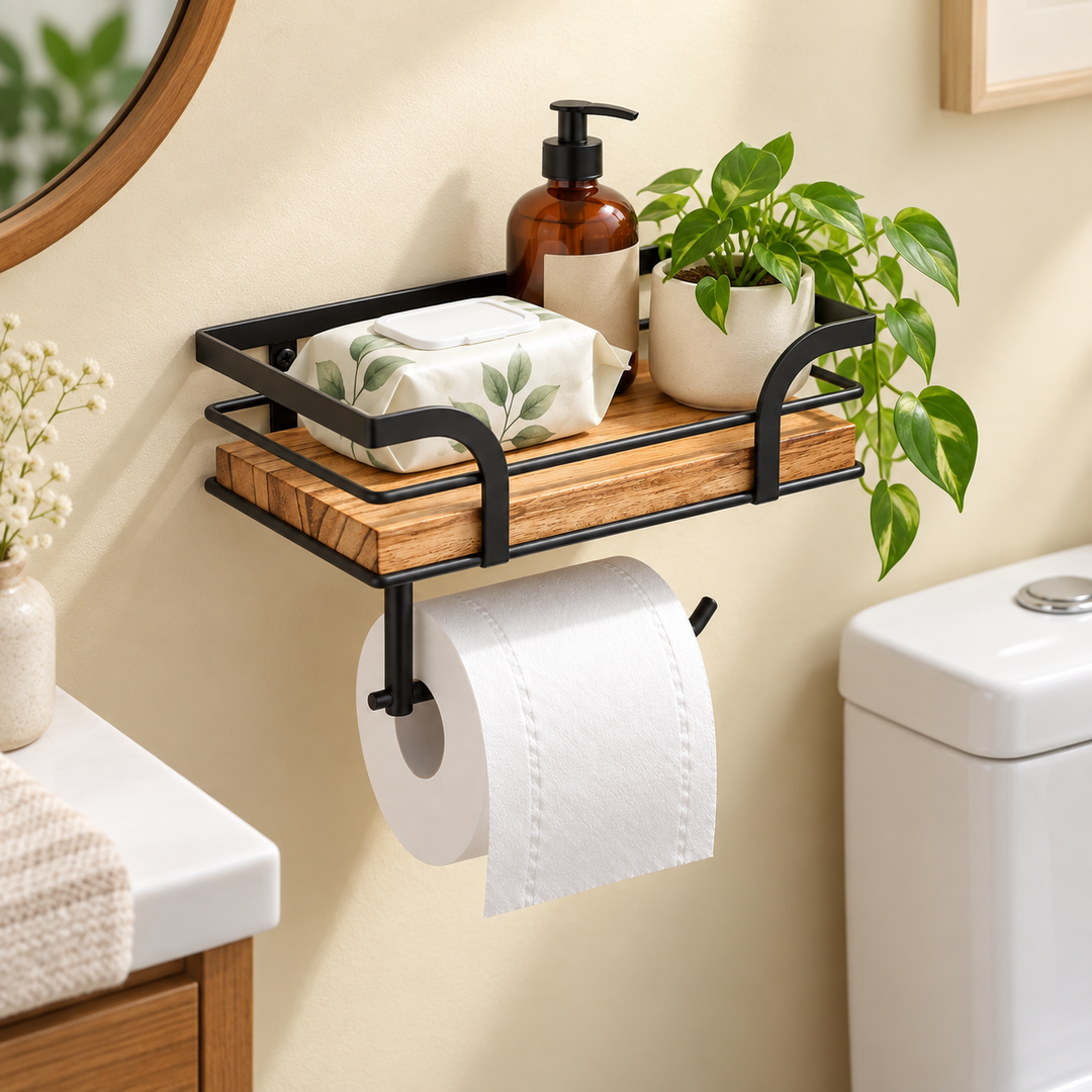 Wall Mounted Bathroom Shelf Iron and Wood | Over-Toilet Towel Rack Storage | Space-Saving Decorative Design for Home 1