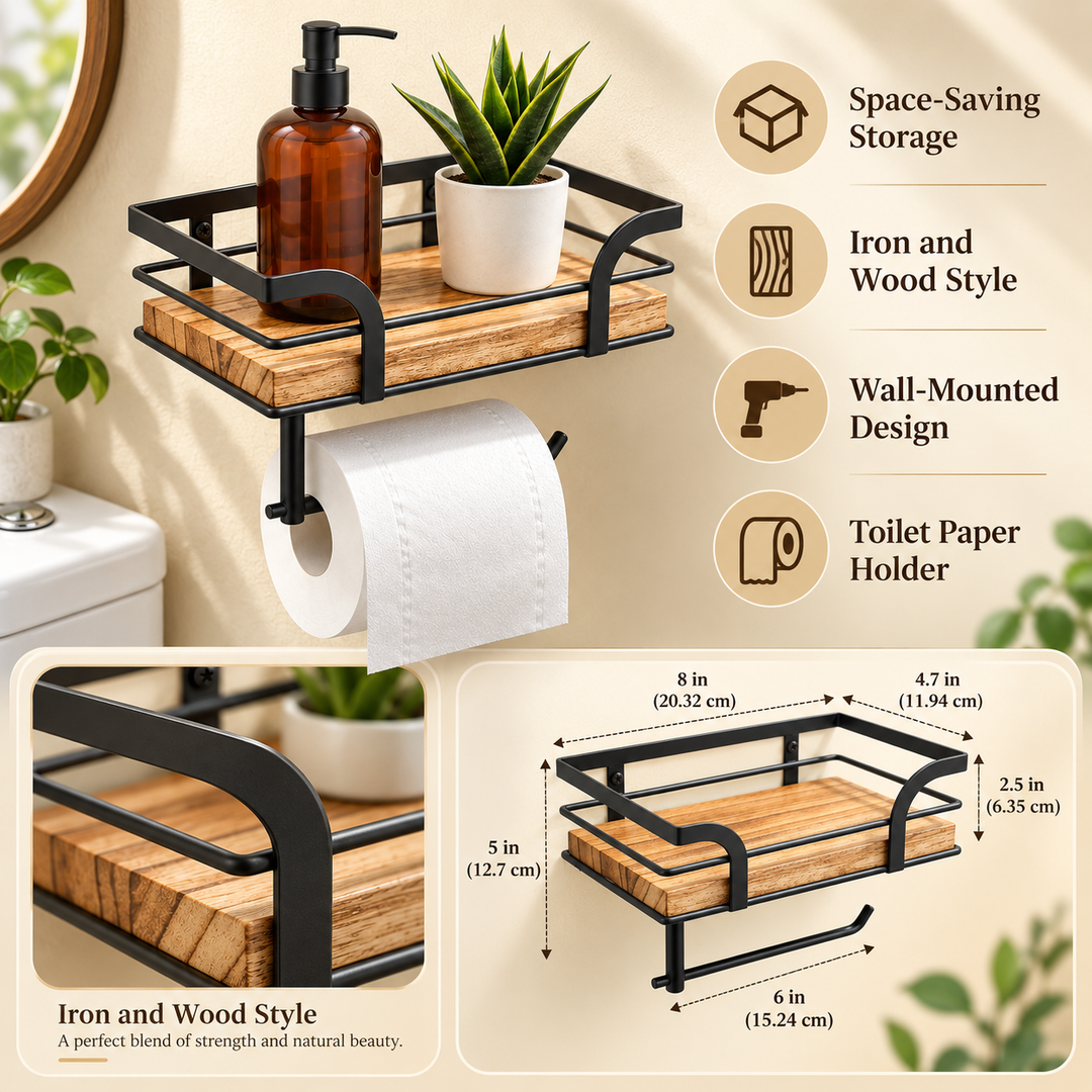 Wall Mounted Bathroom Shelf Iron and Wood | Over-Toilet Towel Rack Storage | Space-Saving Decorative Design for Home 2