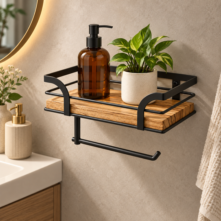 Wall Mounted Bathroom Shelf Iron and Wood | Over-Toilet Towel Rack Storage | Space-Saving Decorative Design for Home 3