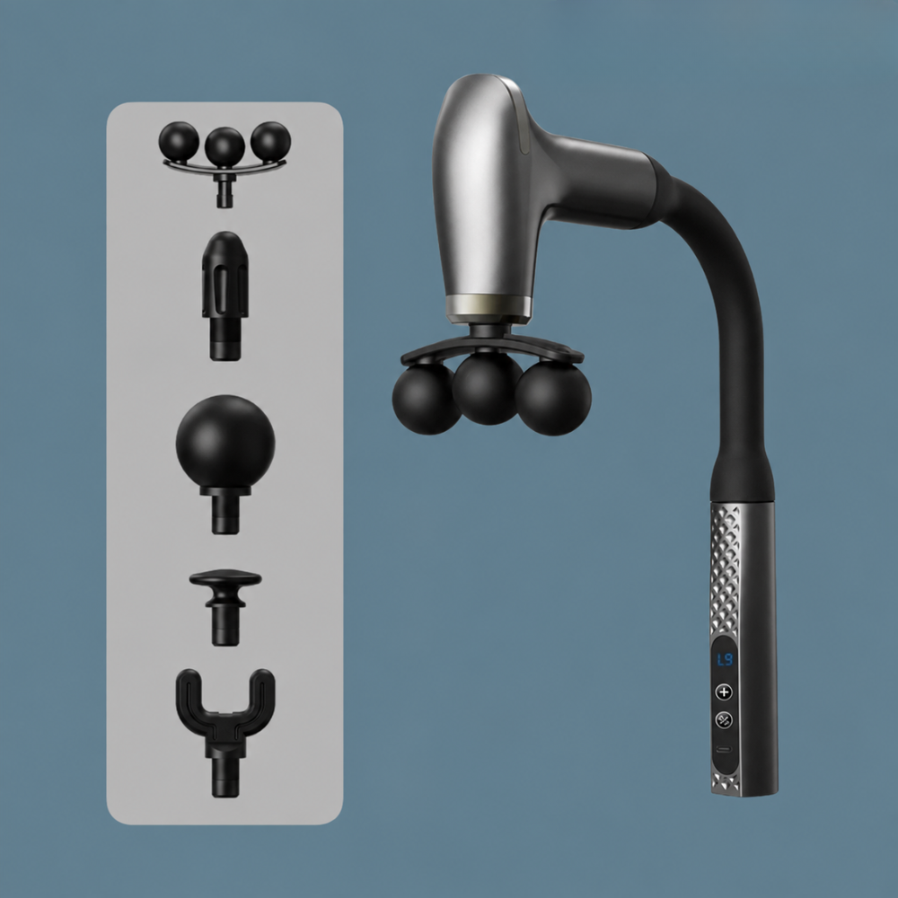 Deep Tissue Neck &amp; Shoulder Massager | Curved Long-Reach Percussion Gun with Five Massage Heads