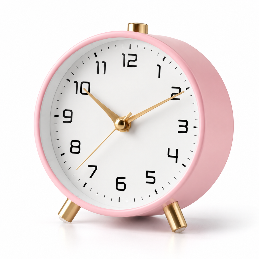 Desk Clock Round Metal Small | Peg Feet, White Face Black Numerals | Silent Sweep Movement, No Ticking for Home &amp; Office