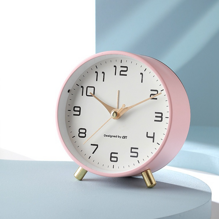 Desk Clock Round Metal Small | Peg Feet, White Face Black Numerals | Silent Sweep Movement, No Ticking for Home &amp; Office