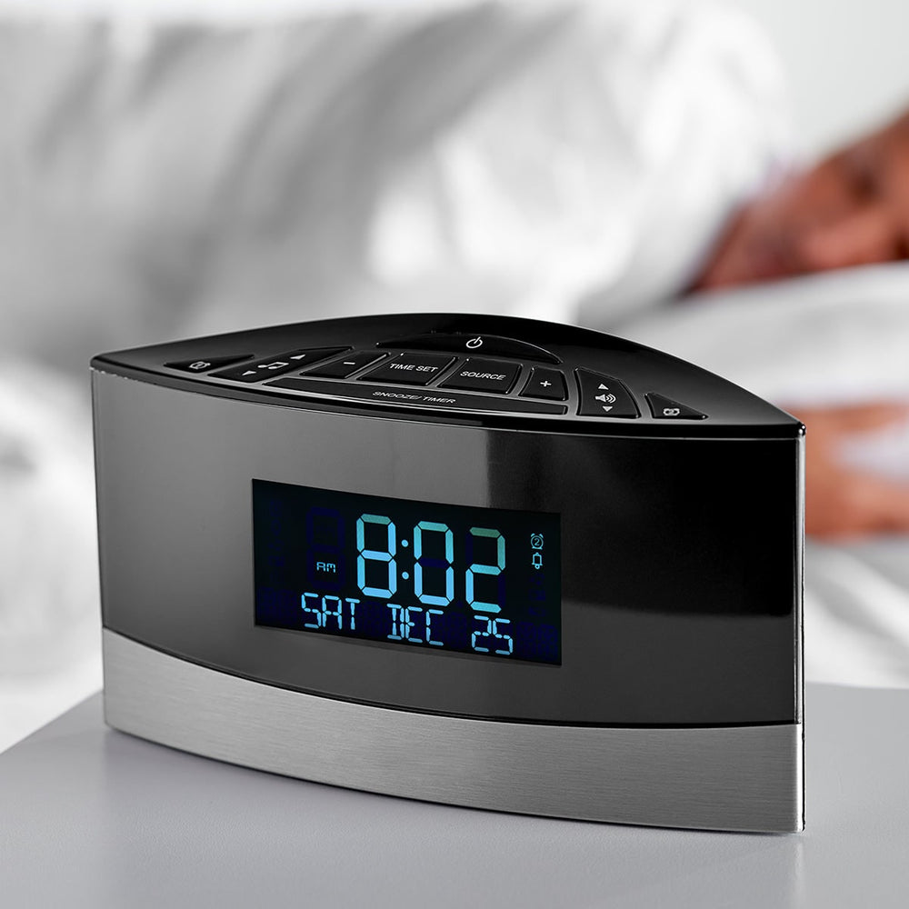 Digital Alarm Clock Radio with Sound Machine | FM Radio, Dual Alarms, 20 Sounds | Battery Backup, Blue Backlit Display